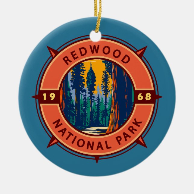 Redwood National Park Retro Compass Emblem Ceramic Ornament (Front)