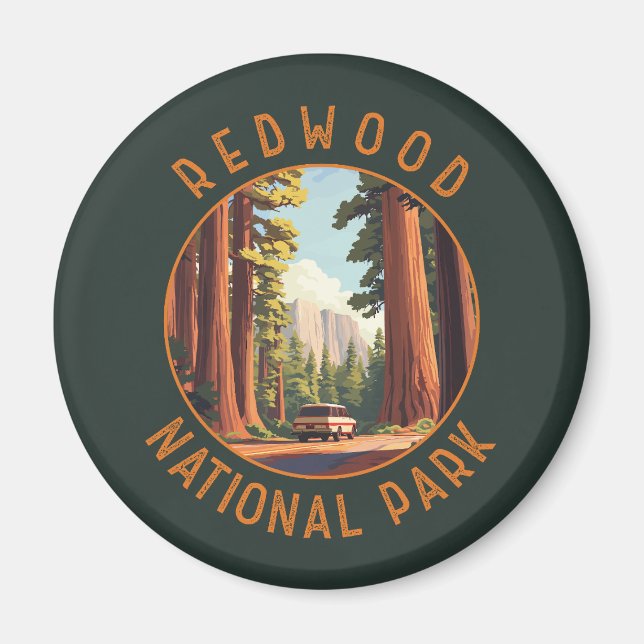 Redwood National Park Retro Distressed Circle Magnet (Front)