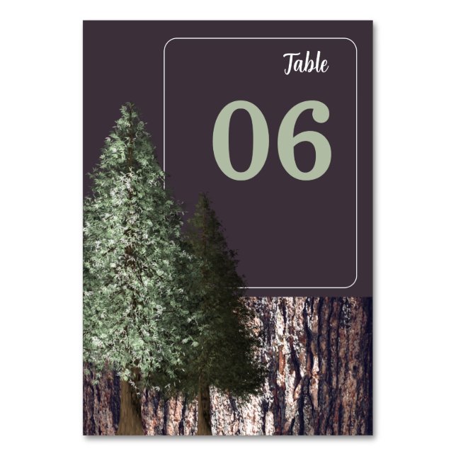 Redwoods & Bark, Rustic Wedding Table Number (Front)