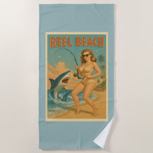Reel Beach Shark Fishing Pin-Up Retro Blue Coastal Towel
