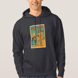 Reel Beach Shark Fishing Pin-Up Retro Coastal Life Hoodie