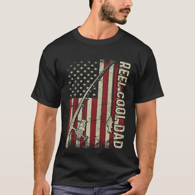 Reel Cool Dad American Flag Fishing Christmas T-Shirt (Front)