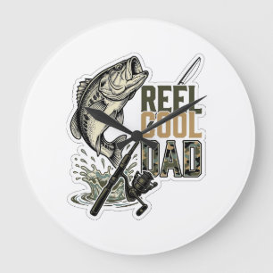 Reel Cool Dad Bass Fishing Vintage Engraving Desig Large Clock