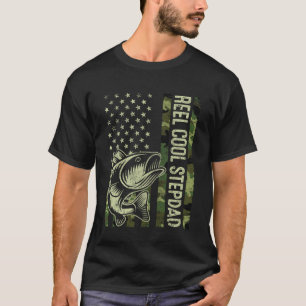 Reel Cool Stepdad Camouflage American Flag Fishing T-Shirt