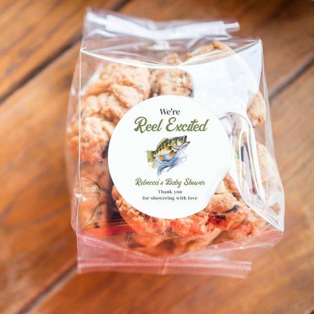 Reel Excited Big Fish Fisherman Baby Shower Classic Round Sticker (Creator Uploaded)