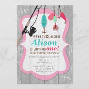 Reel Excitée Pink Girl Pêche Invitation Anniversai
