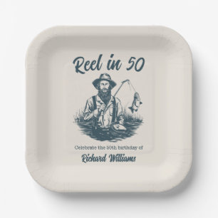 Reel in 50 Vintage Fisherman at Lake 50th Birthday Paper Plate