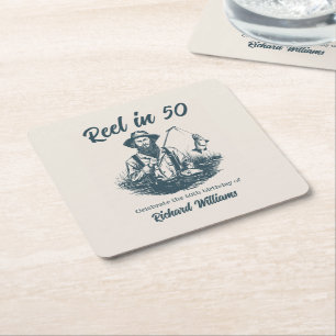 Reel in 50 Vintage Fisherman at Lake 50th Birthday Square Paper Coaster