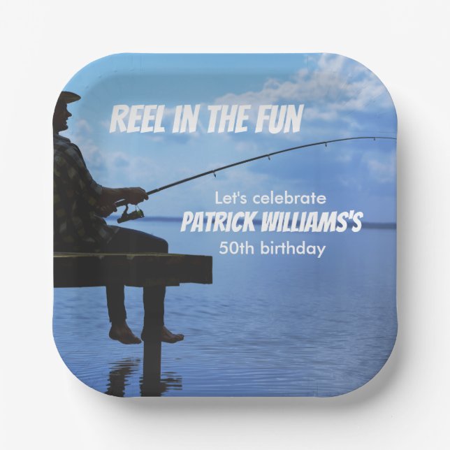 Reel in the Fun Sunset Fisherman 50th Birthday Paper Plate (Front)