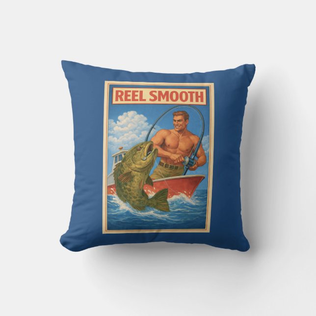 Reel Smooth Fisherman Retro Nautical Blue Fishing Throw Pillow (Front)