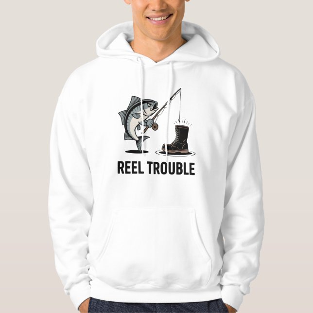 Reel Trouble – Fishing Fail with Angry Fish & Boot Hoodie (Front)