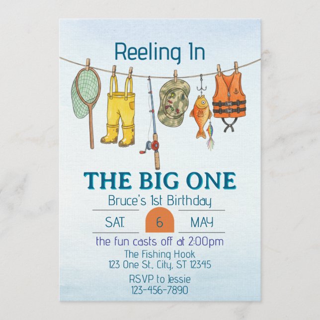 Reeling The Big One, Fishing Line 1st Birthday Invitation (Front)