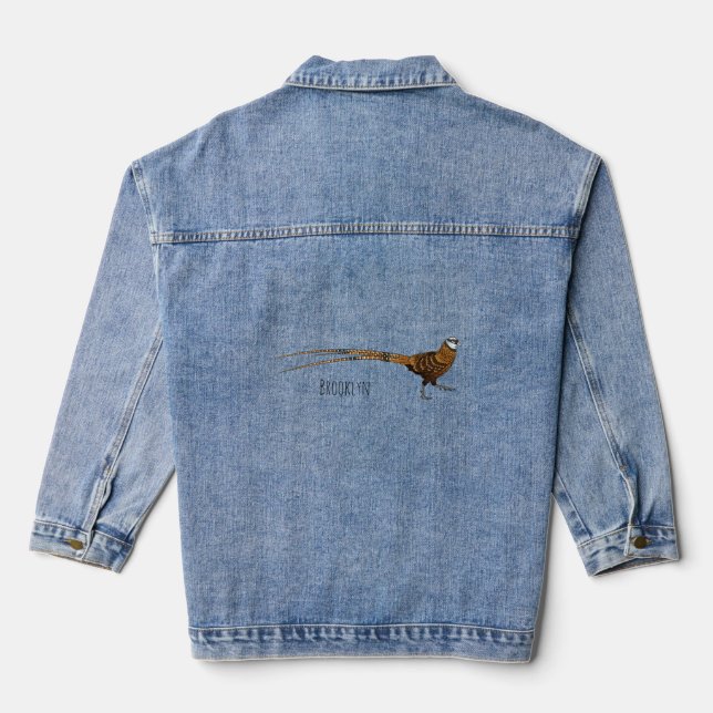 Reeves's pheasant bird cartoon illustration  denim jacket (Back)
