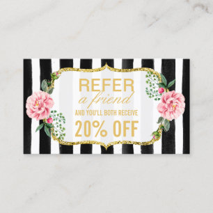 Refer a Friend Pink Floral Gold Stripes Referral Card