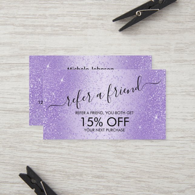 Refer a Friend -  Purple Lavender Glitter   Referral Card (Front/Back In Situ)