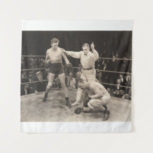 Referee counting over boxer in ringboxing, vintage tapestry