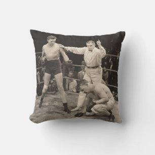 Referee counting over boxer in ringboxing, vintage throw pillow