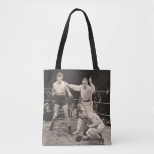 Referee counting over boxer in ringboxing, vintage tote bag