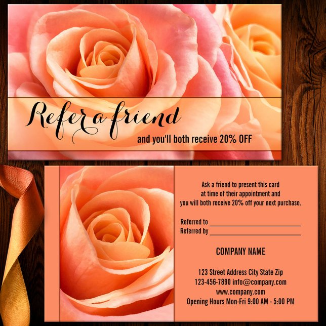 Référencement Carte de recommandation Coral Roses Référer une am (A referral business card featuring elegant coral roses - great for a beautician or makeup artist)