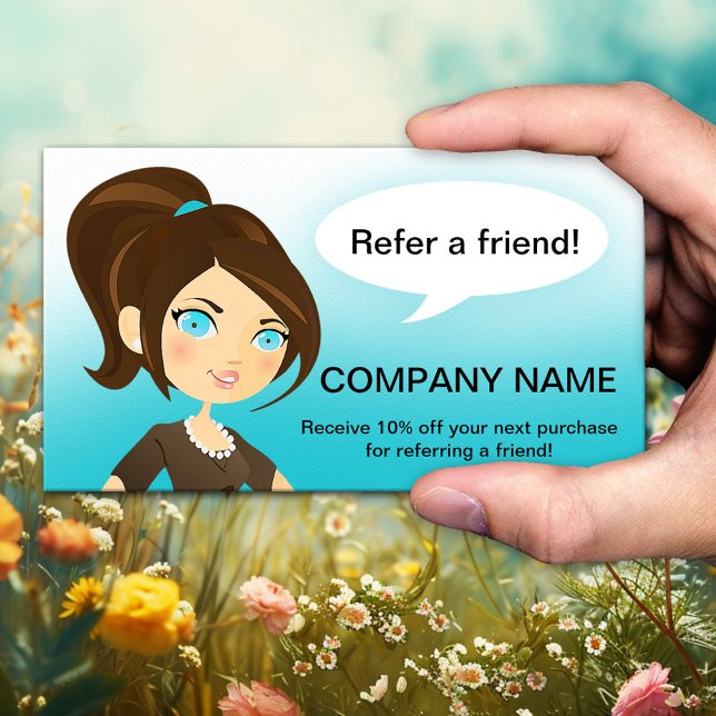 Référencement Carte de visite de recommandation à un ami (Referral or tell-a-friend business card with a cartoon lady recommending your business)
