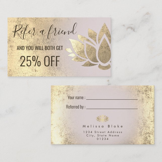 referral card faux gold foil lotus design (Front/Back)