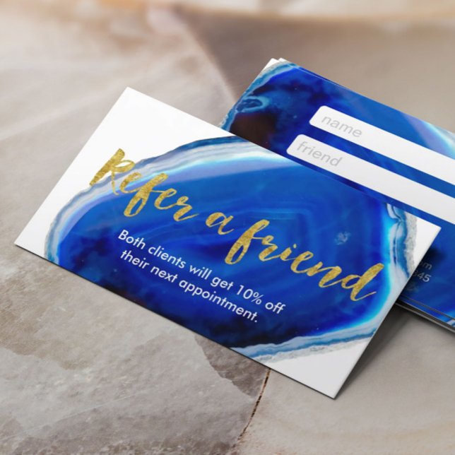Referral Card Modern Blue Agate Stone Gold Script (Creator Uploaded)