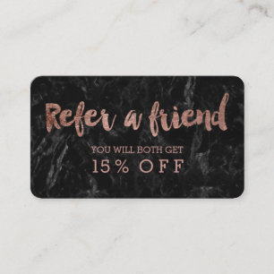 Referral card rose gold typography black marble