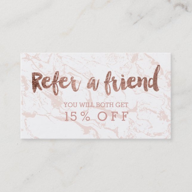 Referral modern rose gold typography pink marble card (Front)