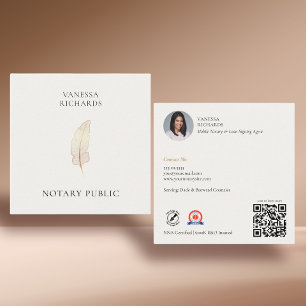Refined Beige Gold Feather Chic Notary Photo QR  Square Business Card