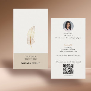 Refined Beige Gold Feather Notary Photo QR  Business Card