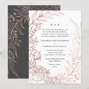 Refined Black Elegance Rose Gold Monogram Wreath Invitation