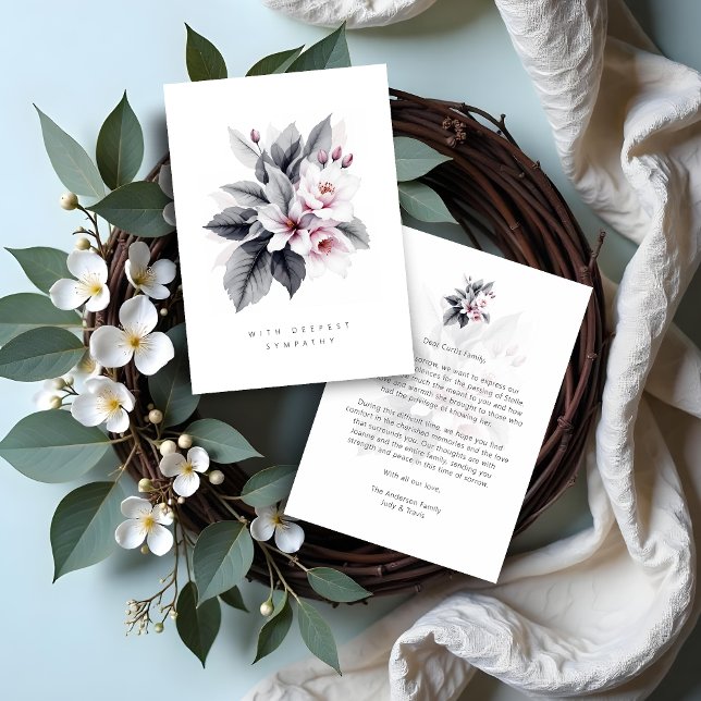 Refined Black White Illustration Leaves & Flowers (Refined Black & White Illustration of Overlapping Leaves and Flowers Sympathy Cards.)