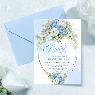 Refined Blue Peonies Floral Gold Bridal Shower   Invitation