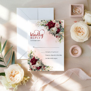 Refined Bohemian Burgundy White Floral Gold Weddin RSVP Card