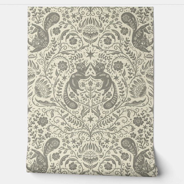 Refined Bohemian Cats - Antique Pewter Light Wallpaper (Unrolling)