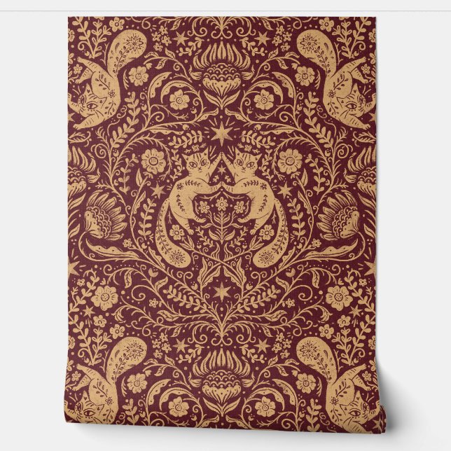 Refined Bohemian Cats - Moody Red Wallpaper (Unrolling)