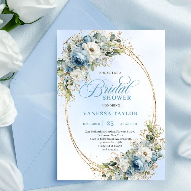 Refined Boho Dusty Blue Flowers Gold Bridal Shower Invitation (Refined Dusty Blue Flowers Gold Bridal Shower Invitation)