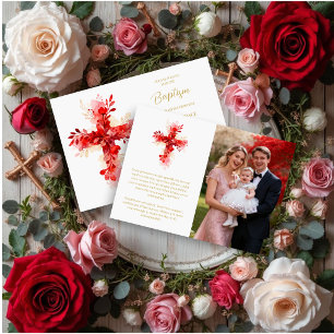 Refined Botanical Cross in Red Tones Photo Baptism Invitation