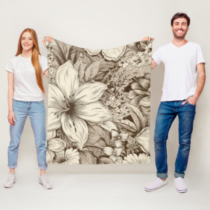 Refined Botanical Motif in Soft Sepia Tones Fleece Blanket