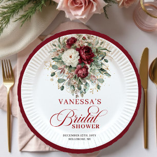 Refined Burgundy Floral Gold Bridal Shower Paper Plate