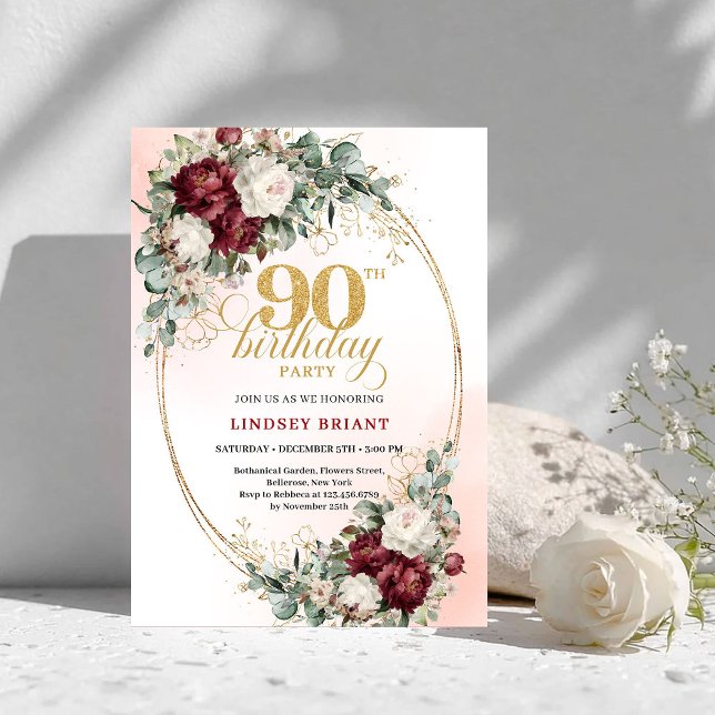 Refined Burgundy Floral Gold Frame 90th Birthday  Invitation (Refined Burgundy Floral Gold Frame 90th Birthday Invite)