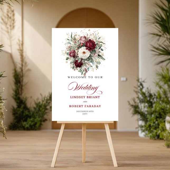 Refined Deep Red Floral Greenery Wedding Welcome Poster (Refined Deep Red Floral Greenery Wedding Welcome)