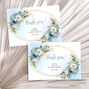 Refined Dusty Blue Gold Wedding thank you card