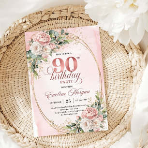 Refined Dusty Pink Gold Greenery 90th Birthday Invitation
