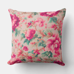 Refined Elegant Bright Pink Flowers, Lush Leaves Outdoor Pillow