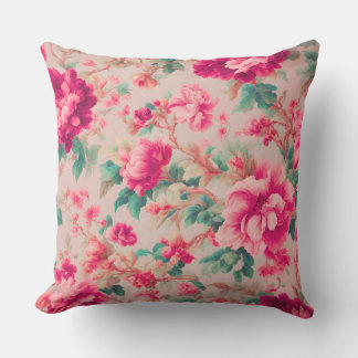 Refined Elegant Bright Pink Flowers, Lush Leaves Outdoor Pillow