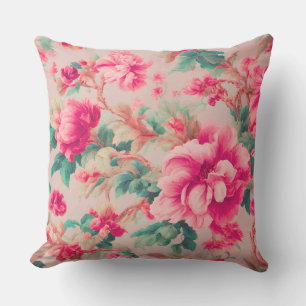 Refined Elegant Bright Pink Flowers, Lush Leaves Outdoor Pillow
