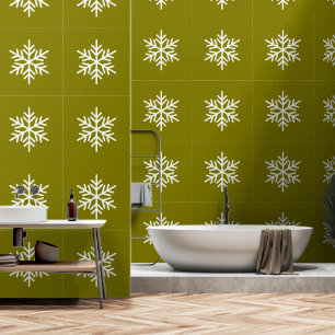 Refined Festive White Nordic Snowflakes On Olive Wallpaper