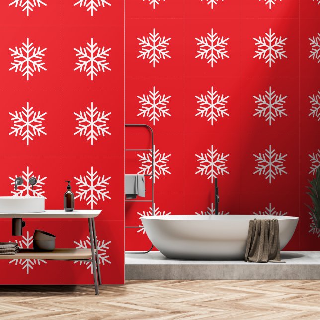 Refined Festive White Snowflake On Bright Red Wallpaper (Bathroom)