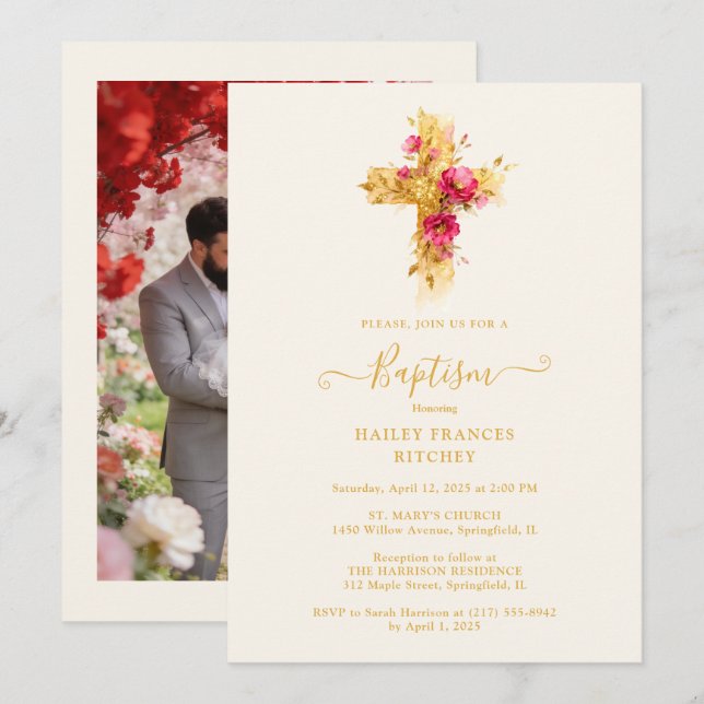 Refined Gold Botanical Cross Christian Baptism Invitation (Front/Back)